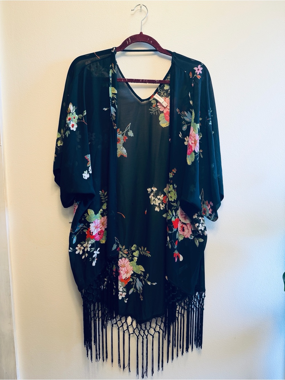 Xhilaration Black Floral Fringe Kimono